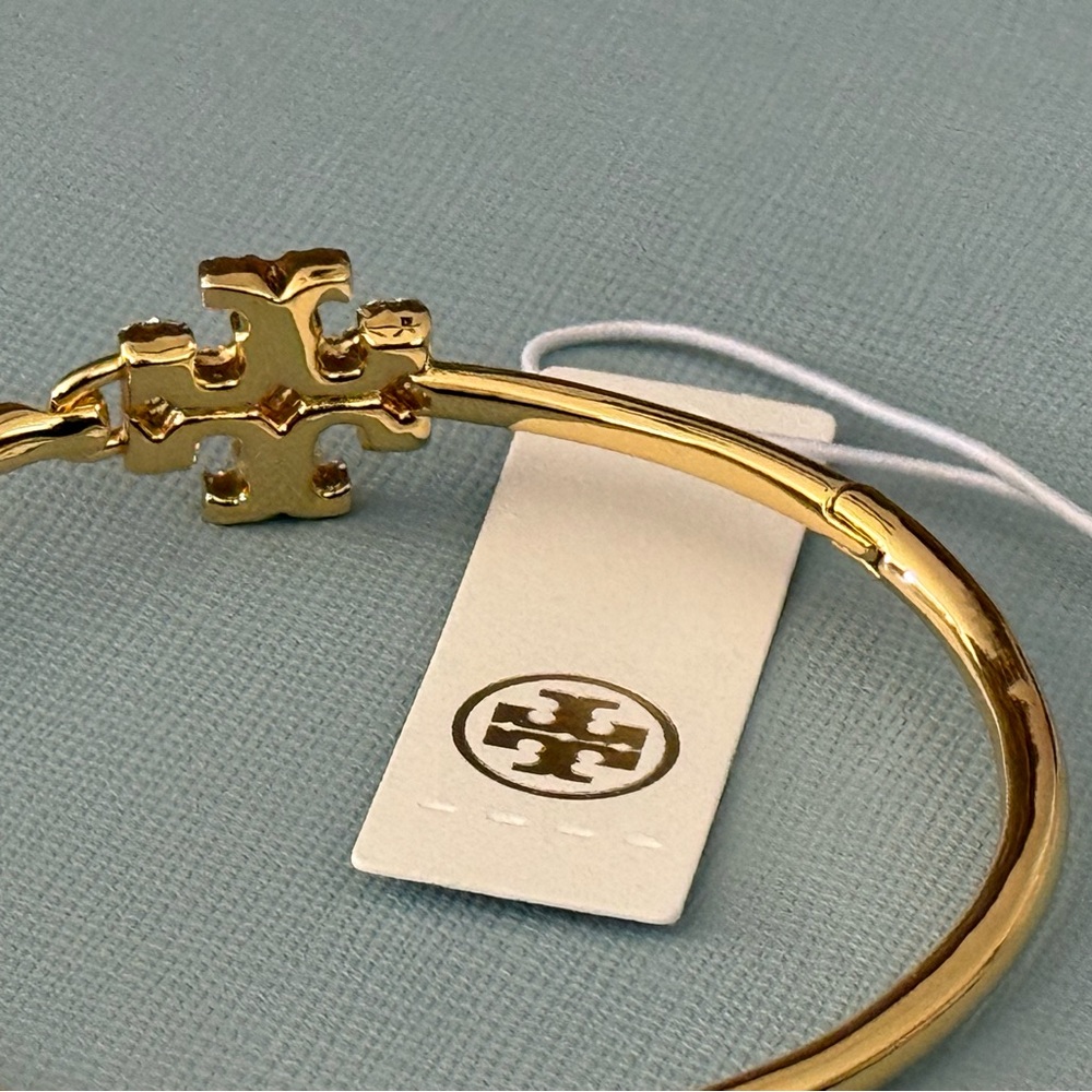 Tory Burch Gold Bracelet Bangle with Pave Crystal Logo - Picture 3 of 4